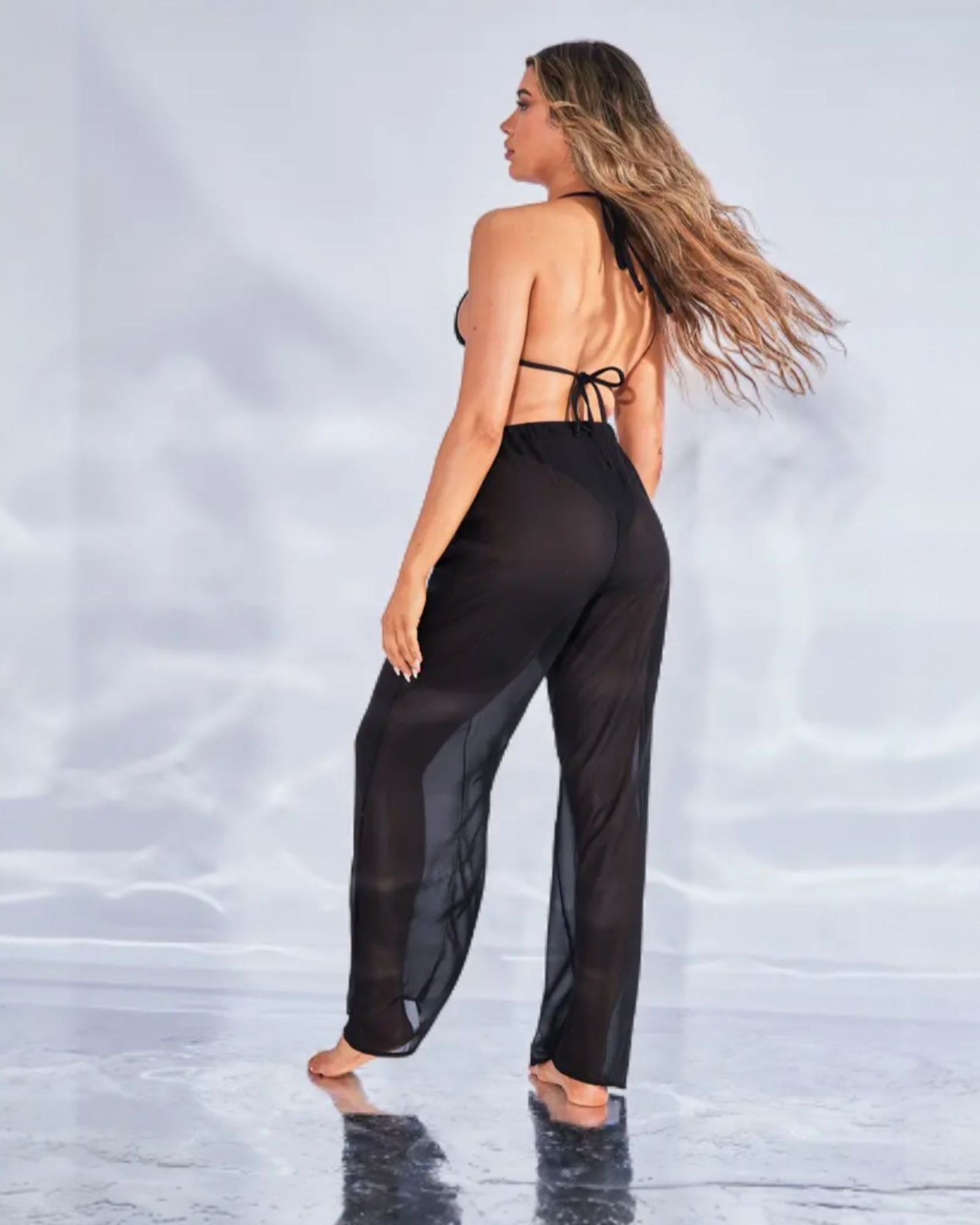 Zwarte chiffon cover-up broek -